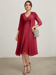 A-line V-Neck Knee-Length Chiffon Lace Mother of the Bride Dress With Pleated Beading Sequins
