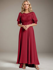A-line Scoop Illusion Asymmetrical Chiffon Lace Mother of the Bride Dress With Beading