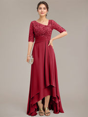 A-line Asymmetrical Asymmetrical Lace Chiffon Mother of the Bride Dress With Pleated Sequins