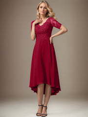 A-line V-Neck Asymmetrical Lace Chiffon Mother of the Bride Dress With Sequins