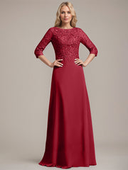 A-line Scoop Floor-Length Lace Chiffon Mother of the Bride Dress