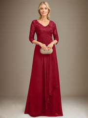 Empire V-Neck Floor-Length Lace Chiffon Mother of the Bride Dress With Cascading Ruffles Sequins