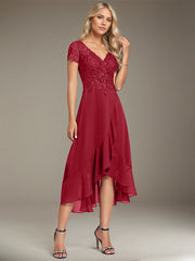 A-line V-Neck Asymmetrical Lace Chiffon Mother of the Bride Dress
