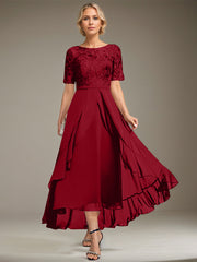 A-line Scoop Illusion Asymmetrical Lace Chiffon Mother of the Bride Dress