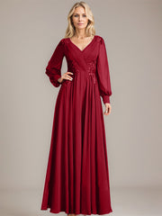 A-line V-Neck Floor-Length Chiffon Mother of the Bride Dress With Sequins Appliques Lace Pleated