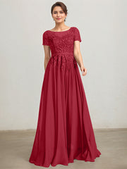 A-line Illusion Scoop Floor-Length Lace Chiffon Mother of the Bride Dress With Sequins