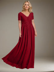 A-line V-Neck Floor-Length Chiffon Mother of the Bride Dress With Appliques Lace