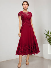 A-line Scoop Illusion Tea-Length Lace Chiffon Mother of the Bride Dress With Sequins