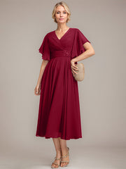 A-line V-Neck Tea-Length Chiffon Mother of the Bride Dress With Pleated Beading