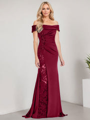 A-Line Off the Shoulder Floor-Length Chiffon Mother of the Bride Dress Applique Beadings Mermaid Dress With  High Split