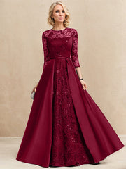 A-line Scoop Illusion Floor-Length Satin Lace Evening Dress With Sequins