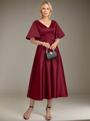 A-line V-Neck Tea-Length Satin Mother of the Bride Dress With Beading
