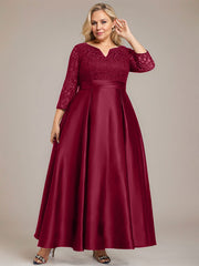 A-line V-Neck Ankle-Length Lace Satin Mother of the Bride Dress With Rhinestone