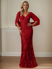 Sheath V-Neck Floor-Length Tulle Mother of the Bride Dress