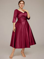 A-line V-Neck Tea-Length Satin Mother of the Bride Dress With Pleated