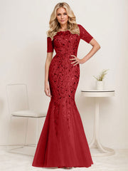 Floral Sequin Print Maxi Long Fishtail Tulle Mother Of The Bride Dresses
