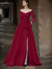 A-Line Off-The-Shoulder 3/4 Sleeves Sweep Train Lace/Satin Mother Of The Bride Dresses With Split Front