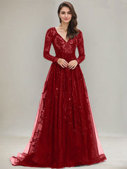 Ball-Gown/Princess V-Neck Sweep Train Tulle Lace Evening Dress With Sequins