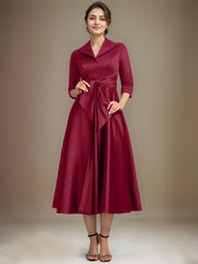 A-line V-Neck Collared Tea-Length Satin Mother of the Bride Dress