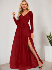 A-line V-Neck Floor-Length Tulle Prom Dresses With Sequins Appliques Lace Beading