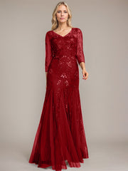 Trumpet/Mermaid Illusion V-Neck Floor-Length Tulle Sequin Lace Mother of the Bride Dress