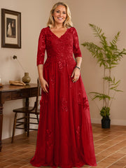 A-line V-Neck Floor-Length Tulle Lace Mother of the Bride Dress With Sequins