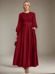 A-line Scoop Ankle-Length Lace Satin Chiffon Mother of the Bride Dress With Sequins