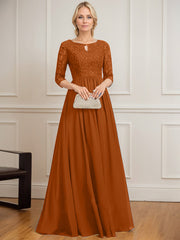 A-line Scoop Floor-Length Lace Chiffon Mother of the Bride Dress With Crystal Brooch Sequins