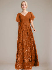 A-line V-Neck Floor-Length Lace Sequin Chiffon Mother of the Bride Dress With Pleated
