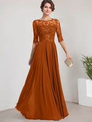 A-line Scoop Illusion Floor-Length Lace Chiffon Mother of the Bride Dress With Pleated Sequins