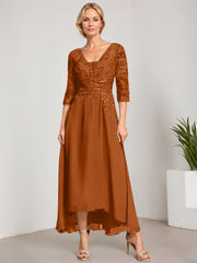 A-line V-Neck Asymmetrical Chiffon Lace Mother of the Bride Dress With Pleated Beading
