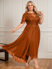 A-line Scoop Illusion Asymmetrical Lace Chiffon Mother of the Bride Dress With Sequins