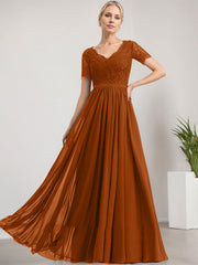 A-line V-Neck Floor-Length Lace Chiffon Mother of the Bride Dress