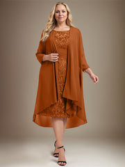 Sheath/Column Scoop Illusion Knee-Length Lace Chiffon Mother of the Bride Dress With Cascading Ruffles Sequins