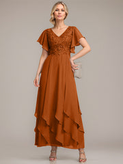 A-line V-Neck Ankle-Length Lace Chiffon Mother of the Bride Dress With Cascading Ruffles