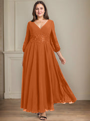 A-line V-Neck Ankle-Length Lace Chiffon Mother of the Bride Dress With Sequins