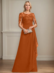 A-line Scoop Illusion Floor-Length Lace Chiffon Mother of the Bride Dress With Cascading Ruffles Sequins