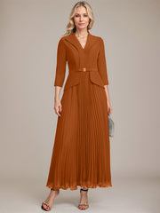 A-line Collared V-Neck Ankle-Length Chiffon Mother of the Bride Dress With Beading Pleated
