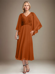A-line V-Neck Tea-Length Chiffon Lace Mother of the Bride Dress With Sequins Beading