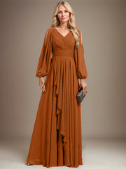 A-line Cold Shoulder V-Neck Floor-Length Chiffon Mother of the Bride Dress With Cascading Ruffles Beading