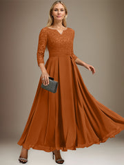 A-line V-Neck Ankle-Length Chiffon Lace Mother of the Bride Dress With Rhinestone