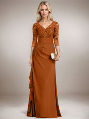 A-line V-Neck Floor-Length Lace Chiffon Mother of the Bride Dress With Cascading Ruffles