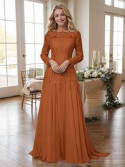 A-line Bateau Long Sleeves Appliques Lace Sweep Train Chiffon Mother of the Bride Dres