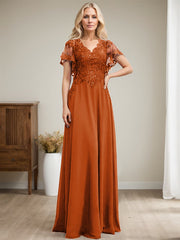 A-line V-Neck Floor-Length Lace Chiffon Mother of the Bride Dress With Sequins