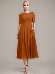 A-line Scoop Tea-Length Chiffon Mother of the Bride Dress With Appliques Lace Sequins