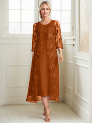 A-line Scoop Tea-Length Lace Chiffon Mother of the Bride Dress