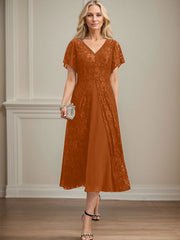 A-line V-Neck Tea-Length Lace Chiffon Mother of the Bride Dress