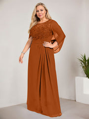 A-line Scoop Illusion Floor-Length Lace Chiffon Mother of the Bride Dress With Sequins Pleated