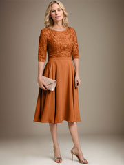 A-line Scoop Knee-Length Lace Chiffon Mother of the Bride Dress
