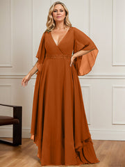 A-line V-Neck Floor-Length Chiffon Mother of the Bride Dress With Sequins Appliques Lace Beading